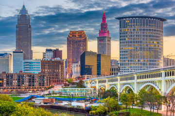 Wall Mural - Cleveland, Ohio, USA downtown city skyline on the Cuyahoga River