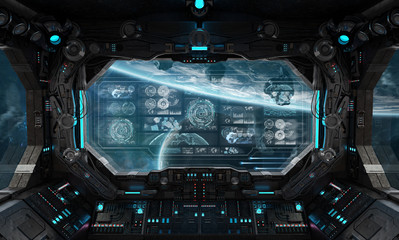 Aufkleber - Dark spaceship interior with control panel digital screens 3D rendering