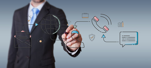 Businessman drawing thin line social network icons interface