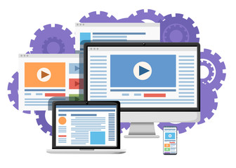 Website development concept. Laptop, monoblock, smartphone compatibility. Flat design style. Vector illustration on white background with gears. Website page and mobile app design