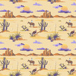 Vintage beautiful seamless desert illustration pattern. Landscape with cactus, mountains, cowboy on horse, sunset vector hand drawn style background