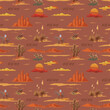 © wooster - Vintage beautiful seamless desert illustration pattern. Landscape with cactus, mountains, cowboy on horse, sunset vector hand drawn style background