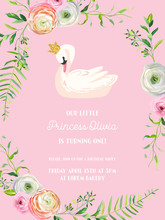 Baby Birthday Invitation Card With Illustration Of Beautiful Swan And Flowers, Arrival Announcement, Greetings In Vector