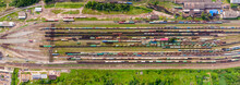 Branches Of The Railway At The Marshalling Yard, A Lot Of Freight Wagons From The Height