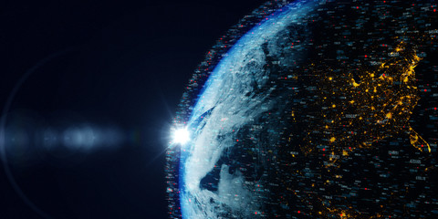 Poster - global international connectivity background/connection lines around earth globe, block chain networ
