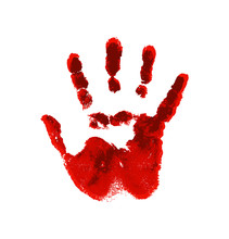 Hand In The Red Blood. Bloody Handprint On White Background