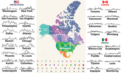 Canada, United States and Mexico detailed map with states names and borders. Largest cities skylines line art icons of United States, Canada and Mexico