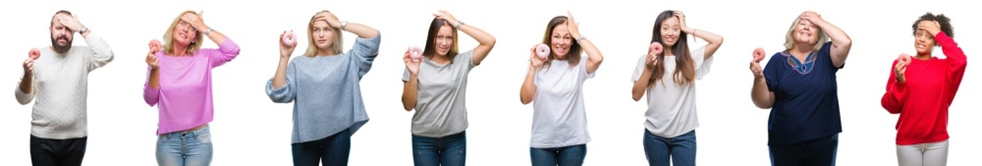 Sticker - Collage of group of people eating donut over isolated background stressed with hand on head, shocked with shame and surprise face, angry and frustrated. Fear and upset for mistake.