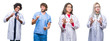 © Krakenimages.com - Collage of group of doctor, nurse, surgeon people over isolated background disgusted expression, displeased and fearful doing disgust face because aversion reaction. With hands raised. Annoying