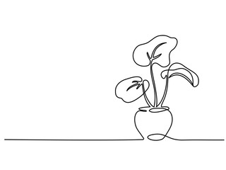 Wall Mural - Continuous one line drawing. House plant in pot. Vector illustration