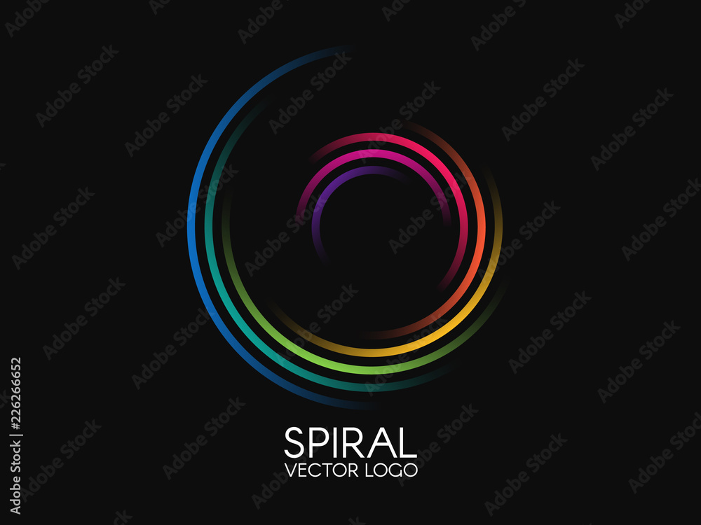 Spiral logo. Round logotype design. Color swirl on black background. Dynamic shape concept. Abstract colorful element. Creative logo. Vector illustration - obrazy, fototapety, plakaty 