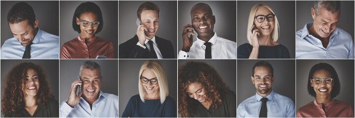 Wall Mural - Diverse group of businesspeople smiling and talking on cellphone