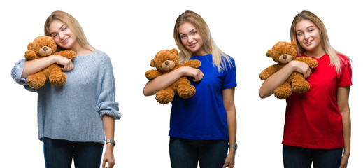 Collage of young beautiful blonde woman holding teddy bear over white isolated backgroud with a happy face standing and smiling with a confident smile showing teeth