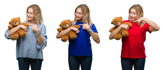 Collage of young beautiful blonde woman holding teddy bear over white isolated backgroud very happy pointing with hand and finger