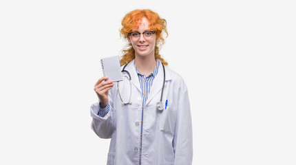 Wall Mural - young redhead doctor woman holding blank notebook with a happy face standing and smiling with a conf