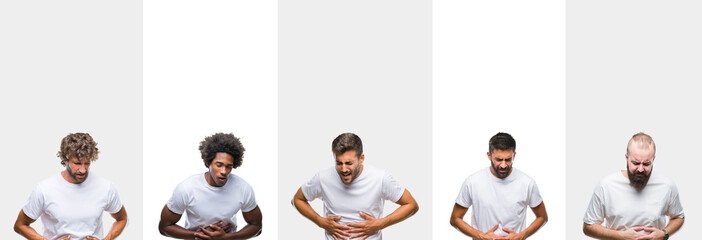 Sticker - Collage of young caucasian, hispanic, afro men wearing white t-shirt over white isolated background with hand on stomach because indigestion, painful illness feeling unwell. Ache concept.