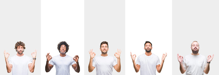 Sticker - Collage of young caucasian, hispanic, afro men wearing white t-shirt over white isolated background relax and smiling with eyes closed doing meditation gesture with fingers. Yoga