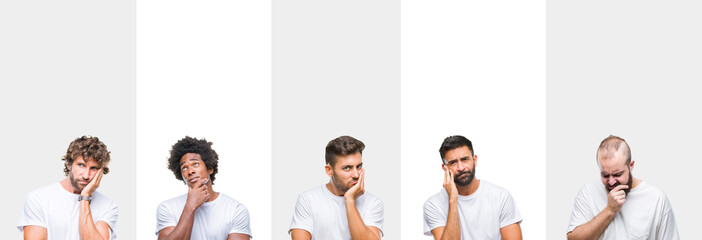 Poster - Collage of young caucasian, hispanic, afro men wearing white t-shirt over white isolated background thinking looking tired and bored with depression problems with crossed arms.