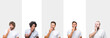 Collage of young caucasian, hispanic, afro men wearing white t-shirt over white isolated background bored yawning tired covering mouth with hand. Restless and sleepiness.