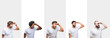 © Krakenimages.com - Collage of young caucasian, hispanic, afro men wearing white t-shirt over white isolated background very happy and smiling looking far away with hand over head. Searching concept.