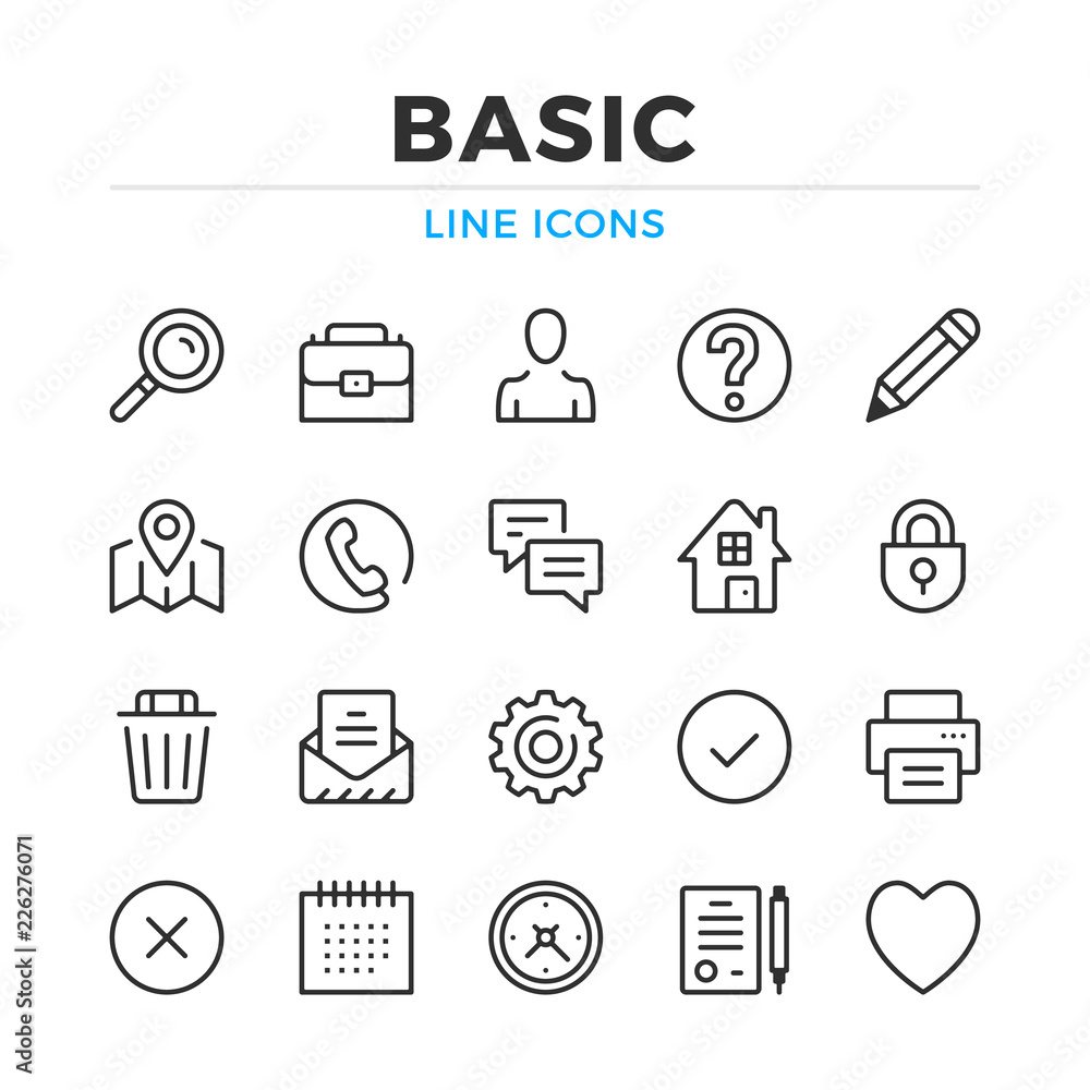 Basic line icons set. Modern outline elements, graphic design concepts ...