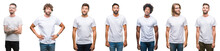 Collage Of Young Caucasian, Hispanic, Afro Men Wearing White T-shirt Over White Isolated Background Smiling Looking Side And Staring Away Thinking.