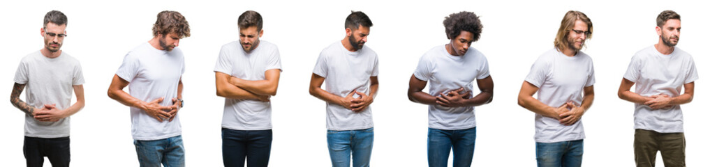 Sticker - Collage of young caucasian, hispanic, afro men wearing white t-shirt over white isolated background with hand on stomach because nausea, painful disease feeling unwell. Ache concept.