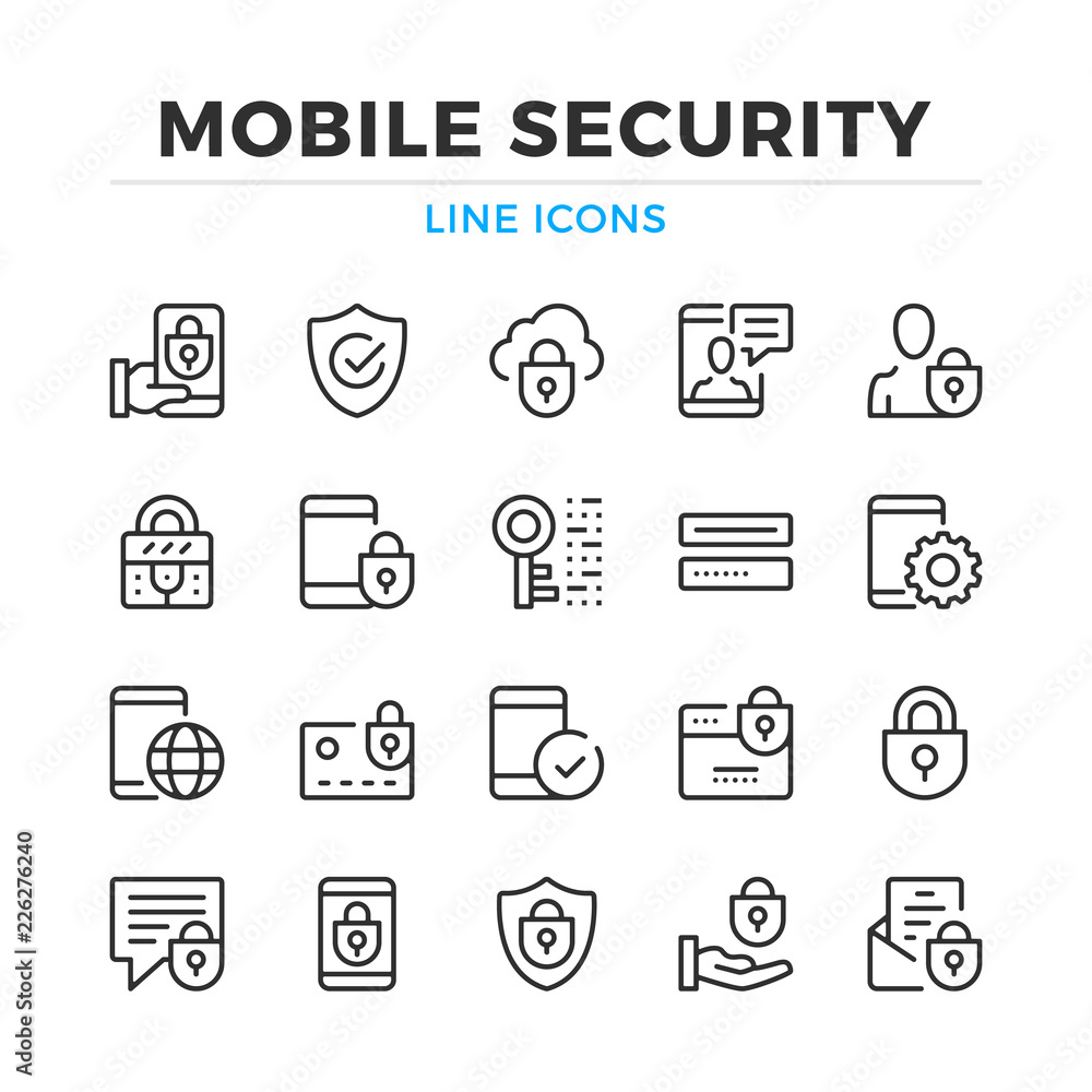 Mobile security line icons set. Modern outline elements, graphic design ...