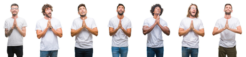 Poster - Collage of young caucasian, hispanic, afro men wearing white t-shirt over white isolated background begging and praying with hands together with hope expression on face very emotional and worried.