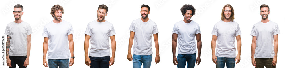 Collage of young caucasian, hispanic, afro men wearing white t-shirt over white isolated background winking looking at the camera with sexy expression, cheerful and happy face. - obrazy, fototapety, plakaty 