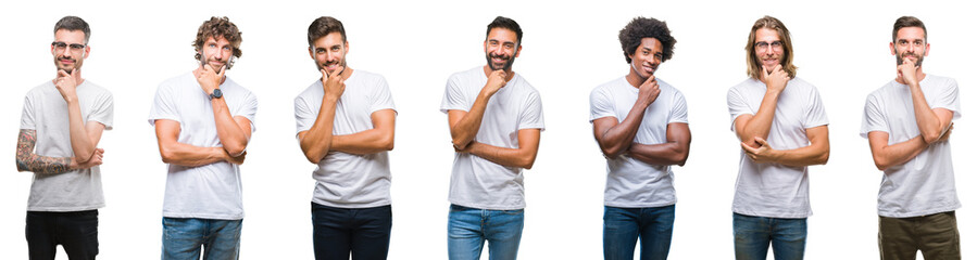Wall Mural - collage of young caucasian, hispanic, afro men wearing white t-shirt over white isolated background 