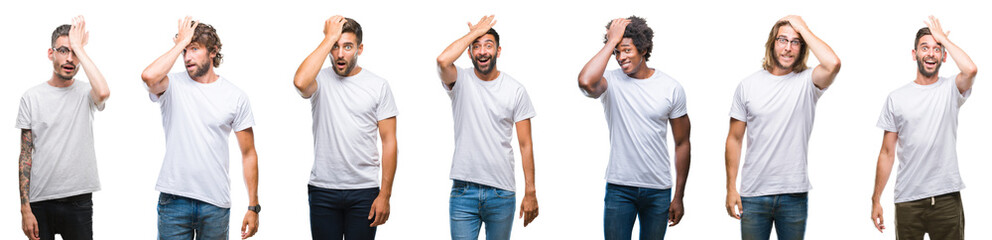 Poster - Collage of young caucasian, hispanic, afro men wearing white t-shirt over white isolated background surprised with hand on head for mistake, remember error. Forgot, bad memory concept.