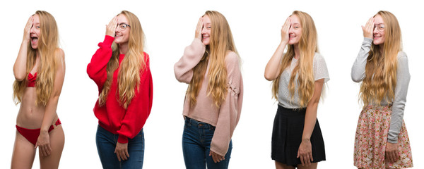 Poster - Collage of young blonde girl over white isolated background covering one eye with hand with confident smile on face and surprise emotion.