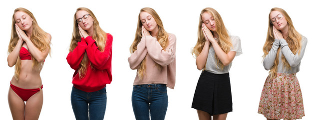 collage of young blonde girl over white isolated background sleeping tired dreaming and posing with 