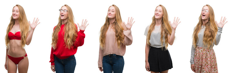 Poster - Collage of young blonde girl over white isolated background showing and pointing up with fingers number five while smiling confident and happy.