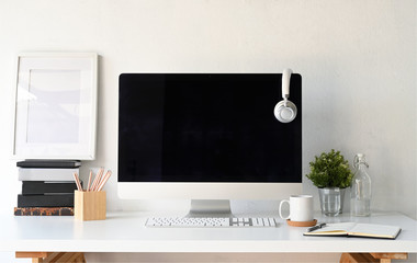 Canvas Print - hipster workspace computer, poster frame and gadget