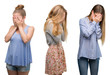 © Krakenimages.com - Collage of group of blonde women over isolated background with sad expression covering face with hands while crying. Depression concept.