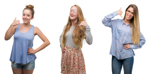 Sticker - Collage of group of blonde women over isolated background smiling doing phone gesture with hand and fingers like talking on the telephone. Communicating concepts.