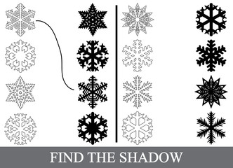 Wall Mural - Find the correct shadows (silhouettes) of snowflakes. Coloring page. Educational visual game for kids.