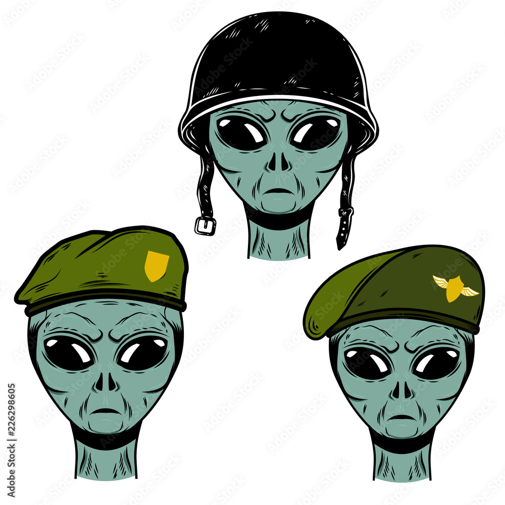 Set of alien soldier in battle helmet and paratrooper beret. Design ...