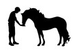 © majivecka - Vector silhouette of man with horse white background.