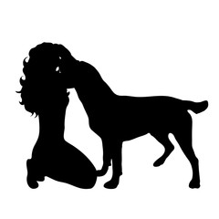 Wall Mural - Vector silhouette of sad woman with dog white background.