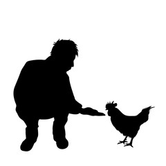 Sticker - Vector silhouette of man with chicken white background.