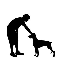 Sticker - Vector silhouette of man with dog white background.