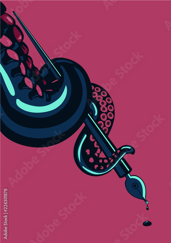 Fotomural Art poster with octopus and ink pen. Calligraphy education.