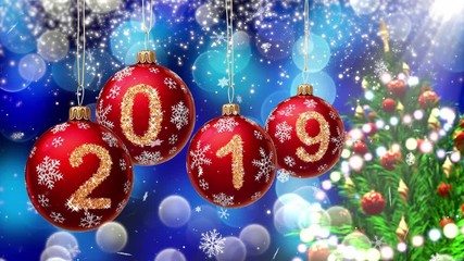 Wall Mural - red balls with numbers 2019 hanging on the background of a blue bokeh and a rotating christmas tree 