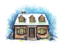 Winter Old House, Cottage With Trees In The Snow. Watercolor Hand Drawn Illustration