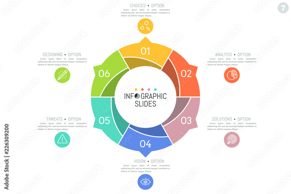 Minimal infographic design layout. Circular diagram divided into 6 ...