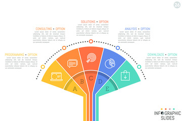 simple infographic design layout. fan divided into 5 multicolored elements, icons and text boxes. fi