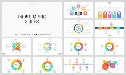 big bundle of simple infographic design templates. round charts divided into sectors, horizontal tim